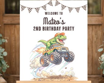 Dinosaur Monster Truck Birthday Party Welcome Sign | Printable Canva Template | Editable Party Decor