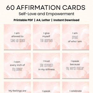 Affirmation Cards Printable, 60 Self Love and Empowerment Positive Affirmations, Instant Download Color, Black & White Positive Quote Cards