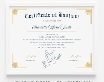 Editable Baptism Certificate Template: Baby Dedication Card, Baptism or Naming Ceremony Keepsake (Digital Download)