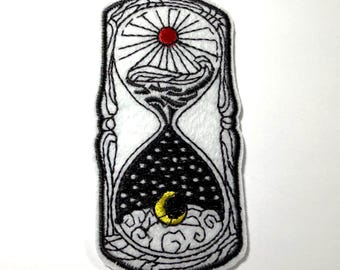 Hourglass Sun and Moon Patch, Embroidered Iron On Patch, Jean Patch, Craft Supplies, Sewing, Lunar, Black, White, Red, Yellow, Day, Night