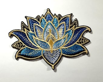 Lotus Flower Patch, Embroidered Iron On Patch, Jean Patch, Blue, Gold