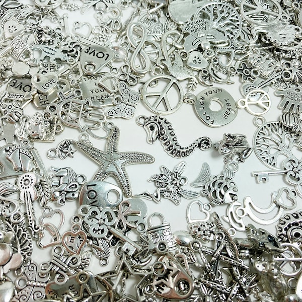 100 Silver Charms, Random Charm Lot, Mystery Grab Bag, Alloy Silver, Mixed Lot, Jewelry Supplies, DIY, Assorted Mix, Bulk, Small Charms