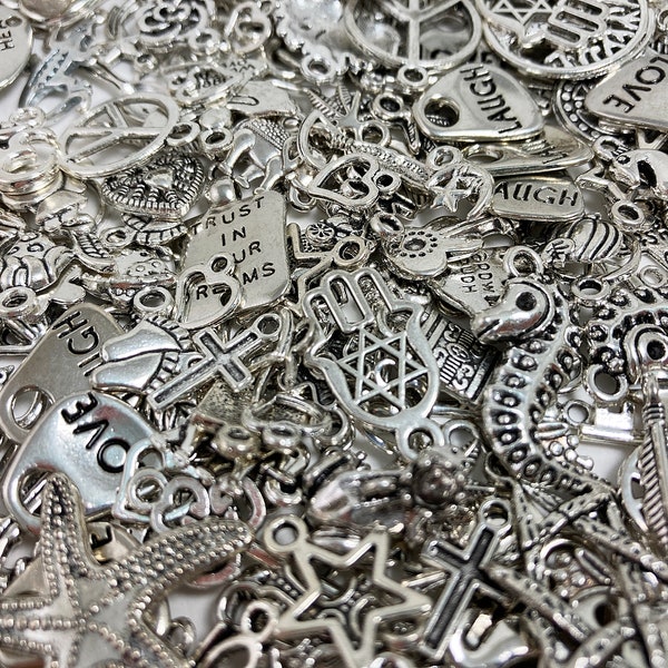 50 Silver Charms, Random Charm Lot, Mystery Grab Bag, Alloy Silver, Mixed Lot, Jewelry Supplies, DIY, Assorted Mix, Bulk, Small Charms