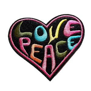 Love and Peace Heart Patch, Embroidered Iron On, Hippie, 60s, 70s, Jean Patch, Groovy, Black, Pink, Blue, Green, Yellow, Orange