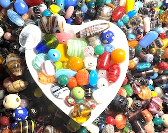 Assorted Bead Mix, Glass Beads, Czech, Lampwork, Bead Soup, Pink, Blue, Black, Green, Jewelry Making, Mystery Grab Bag, Craft Supplies