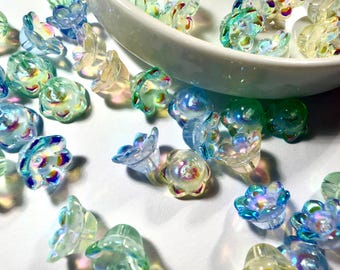Trumpet Flower Lampwork Bead Mix, 12x8mm, Glass Beads, AB, Iridescent, Shimmery, Jewelry Making, Craft Supplies, So Pretty