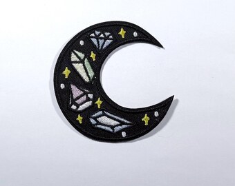 Moon Patch, Embroidered Iron On Patch, Jean Patch, Craft Supplies, Sewing, Crystals, Lunar, Black