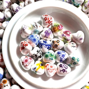Porcelain Heart Bead Mix, 13mm x 12mm, Beads, Bead Soup, Jewelry Making, Craft Supplies, Colorful, Flowers, Random Assortment, Ceramic