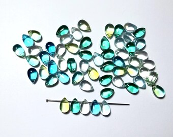Teardrop Glass Beads, Small, Glitter, Blue, Green, Clear, Ocean, Coastal Colors