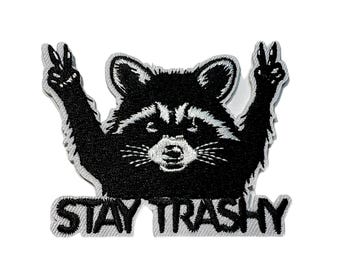 Stay Trashy Raccoon Iron On Patch, Jean Patch, Craft Supplies, Sewing, Black, White
