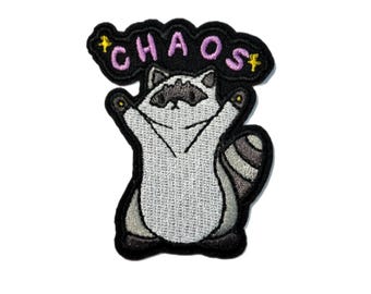 Chaos Raccoon Iron On Patch, Jean Patch, Craft Supplies, Sewing, Black, Gray, Purple, Yellow