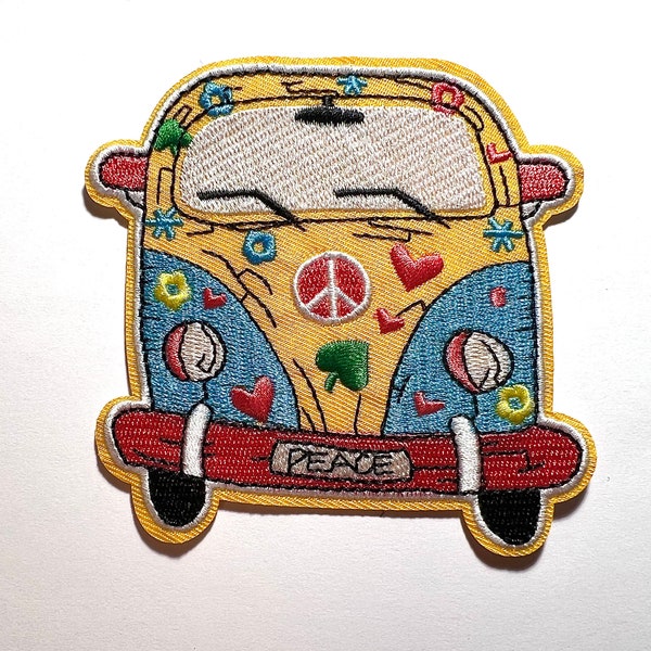 Hippie Van Patch, Embroidered Iron On, 60s, 70s, Jean Patch, Groovy, Woodstock, Peace Sign, Applique, Flower Power