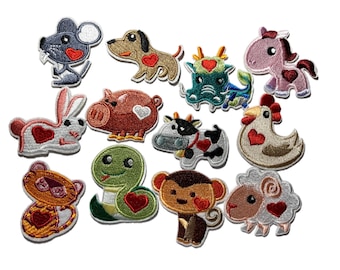Baby Animal Patch, Embroidered Iron On, Cow, Monkey, Mouse, Snake, Worm, Horse, Hen, Bull, Sheep, Dog, Cat, Rabbit, Pig