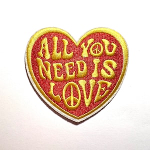 All You Need is Love Heart Patch, Embroidered Iron On, Hippie, 60s, 70s, Jean Patch, Groovy, Red, Yellow, Peace Sign