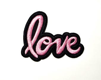Love Patch, Embroidered Iron On, Hippie, 60s, 70s, Jean Patch, Pink, Black
