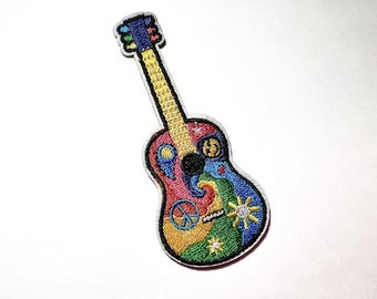 Guitar Patch, Embroidered Iron On, Hippie, 60s, 70s, Jean Patch, Groovy, Peace Sign, Sun, Psychedelic, Bright, Colorful