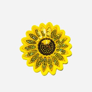 May include: A yellow sunflower patch with a scalloped edge. The petals are covered in gold sequins, and the center is a dark brown color. This decorative patch can be sewn or ironed onto clothing or accessories.