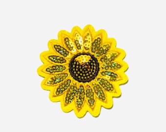 Yellow Sunflower Patch, Embroidered Iron On Patch, Shimmery Sequins, Jean Patch