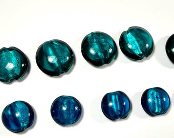 Lampwork Coin Beads, 15mm or 20mm, Glass Beads,  Foil, Shimmery, Jewelry Making, Craft Supplies, Blue, Teal
