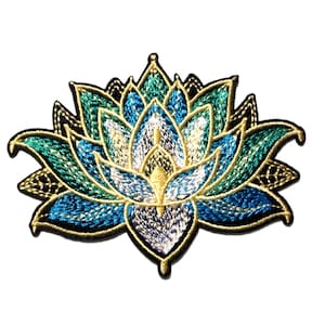 May include: Embroidered lotus flower patch featuring shades of teal, blue, gold, and white. The patch has a detailed design with a black border. This decorative patch can be ironed on or sewn onto clothing or accessories.