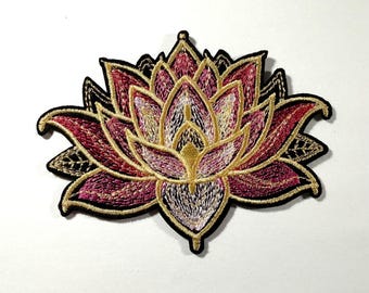 Lotus Flower Patch, Embroidered Iron On Patch, Jean Patch, Pink, Gold