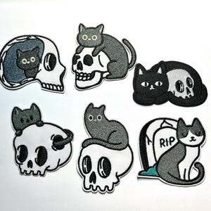 Cat with Skull Patch, Embroidered Iron On Patch, Jean Patch, Black, Gray, White, Craft Supplies, Sewing, Appliqué