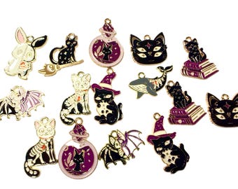 24 Halloween Gold Enamel Charms, Black Cat, Rabbit, Skeletons, Bats, Jewelry Making, Craft Supplies