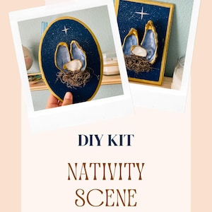 May include: DIY Nativity Scene kit featuring two framed artworks. Each artwork depicts a nativity scene with blue and gold accents, a star, and a nest-like base. The text "DIY KIT NATIVITY SCENE" is displayed below.