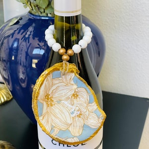 Gift set of 4 blue and white floral design decoupage oyster shell ornaments/ napkin rings