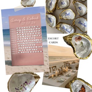 Recuerdos de boda/tarjetas de colocación/regalos de despedida de soltera con diseño floral personalizado, pintados a mano, en concha de ostra dorada/plateada y perlada.