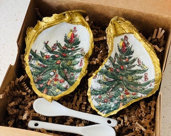 Set of 2 Salt and pepper dishes / Spode Christmas tree design/ Hand made decoupage oyster shell dishes with 2 ceramic spoons