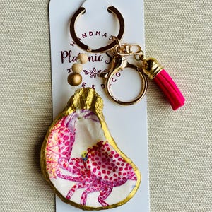 Oyster shell keychain / decoupaged crab design oyster shell keychain