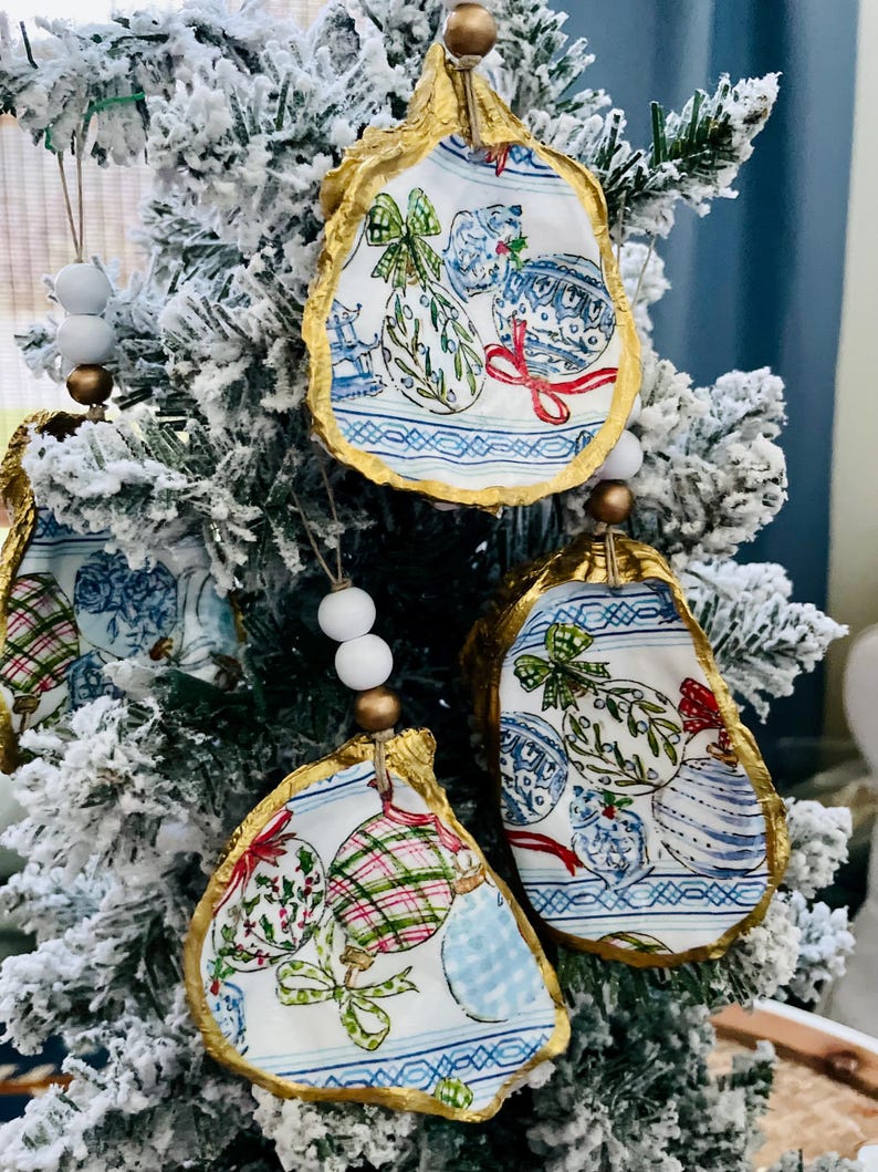 Handmade Decoupage Oyster Shell Christmas Ornaments: Eco Gift Set - Etsy