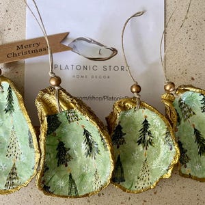 Christmas Gift Set  Decoupaged winter theme/ Christmas trees pattern oyster shell ornaments