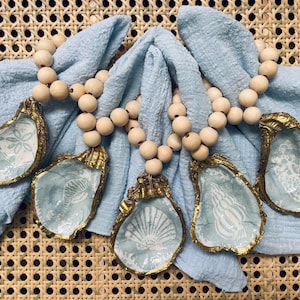 Light blue coastal style decoupaged oyster shell  napkin rings / wine bottle ring / oyster shell ornaments/ coastal decor