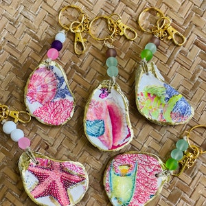 Oyster shell keychain / decoupaged oyster shell keychain
