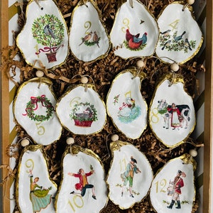 Gift set 12 Days of Christmas decoupage oyster shell ornaments