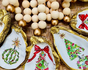 Gift set of 4/6/8 Christmas tree decoupage oyster shell ornaments/ napkin rings
