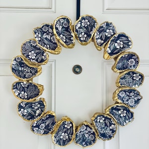 Floral dark blue and white design Decoupage  oyster shell wreath