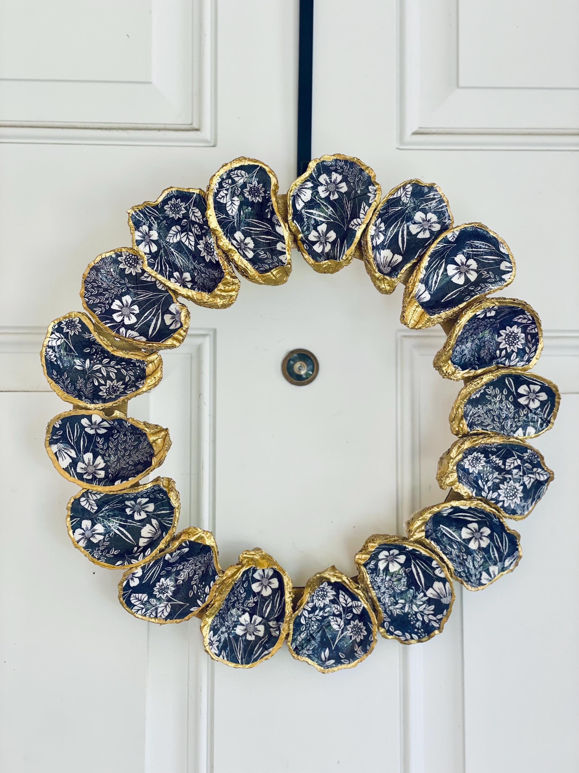 Floral Dark Blue and White Design Decoupage Oyster Shell Wreath