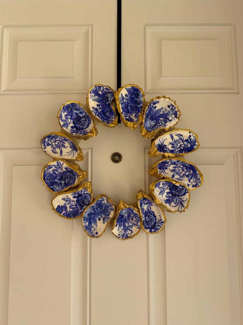 Floral Blue and White Design Decoupage Oyster Shell Wreath - Etsy