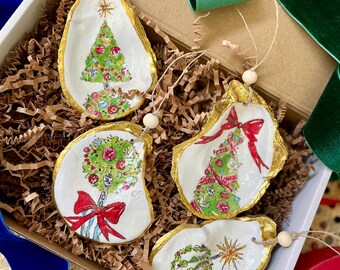 Gift set of 4 Christmas tree decoupage oyster shell ornaments/ napkin rings