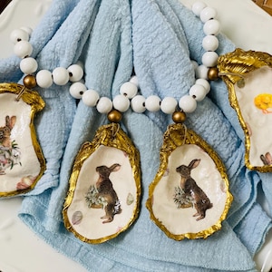 Gift set of 1/2/4 Easter bunny decoupage oyster shell  napkin rings  / wine bottle ring / oyster shell ornament / Easter tree decor