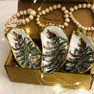 Handmade Decoupage Oyster Shell Christmas Tree Ornament