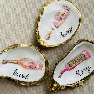 Oyster shell place cards decoupaged champagne bottles golden edge oyster shell trinket dish wedding/bridesmaids favors