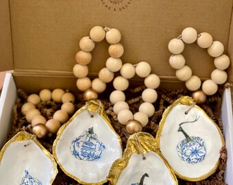 Gift set of 4/6/10 chinoiserie pumpkin decoupage oyster shell ornaments/ napkin rings