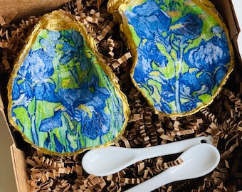 Set of 2 Salt and pepper dishes /Hand made decoupage Van Gogh Irises design oyster shell dishes with ceramic spoons