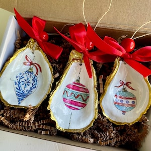 Handmade Decoupage Oyster Shell Christmas Ornaments: Vintage Style Gift