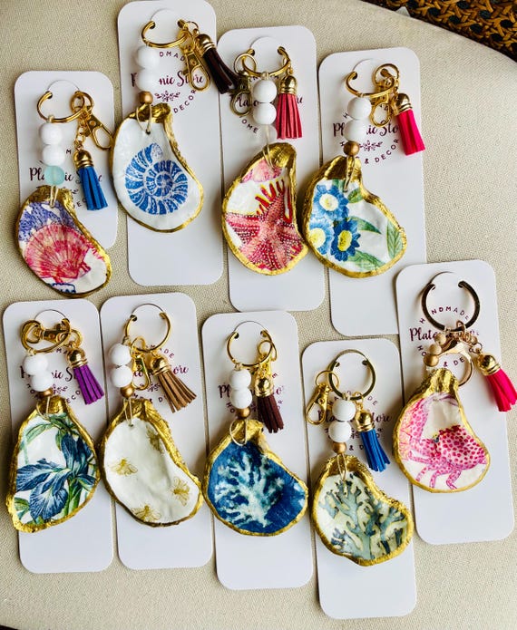 Decoupaged Oyster Shell Keychain: Handmade Coastal Charm