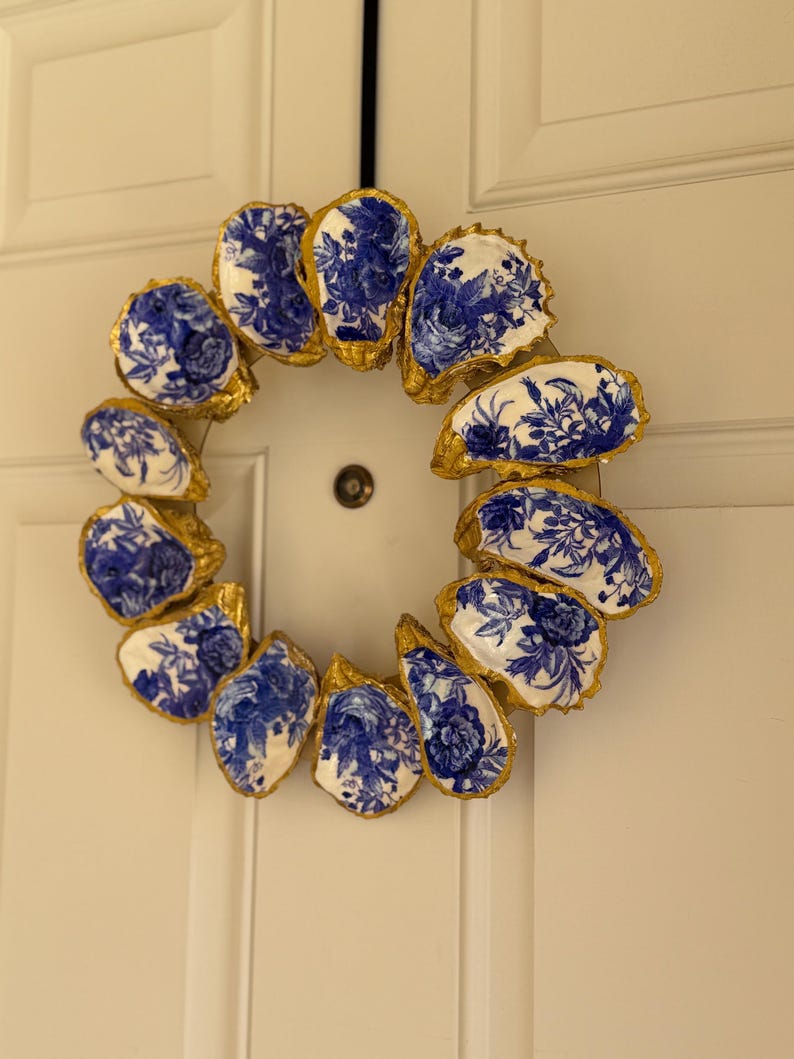 Floral Blue and White Design Decoupage Oyster Shell Wreath - Etsy